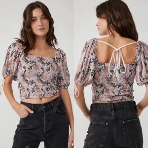 Free People Smocked Floral Crop Top Puff Sleeve Boho Cottagecore Peasant Blouse